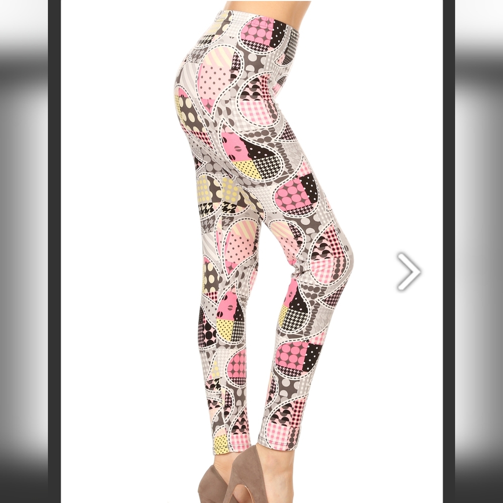 One Size  Pink, Black & Yellow Paisley & Plaid Print Leggings